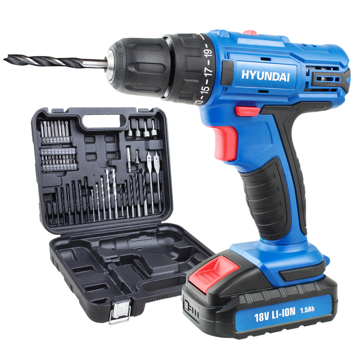 Hyundai 18v 1.5AH Li-Ion Cordless Drill with 54 Piece Drill Accessory Kit | HY2175 | 1 Year Warranty