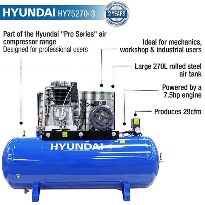 Hyundai 270 Litre Air Compressor, 21CFM/145psi, 3-Phase Pro-series 7.5hp | HY75270-3 | 2 Year Hyundai warranty