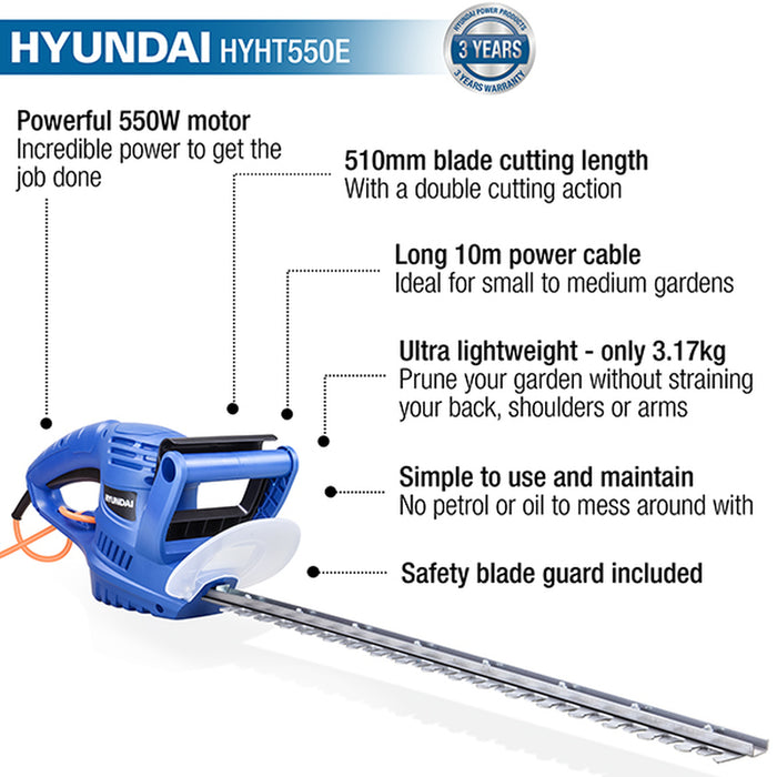 Hyundai 550W 510mm Corded Electric Hedge Trimmer/Pruner | HYHT550E | 3 Year Warranty