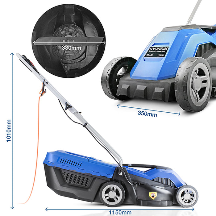 Hyundai 33cm Corded Electric 1200w/230v Roller Mulching Lawnmower | HYM3300E | 3 Year Warranty