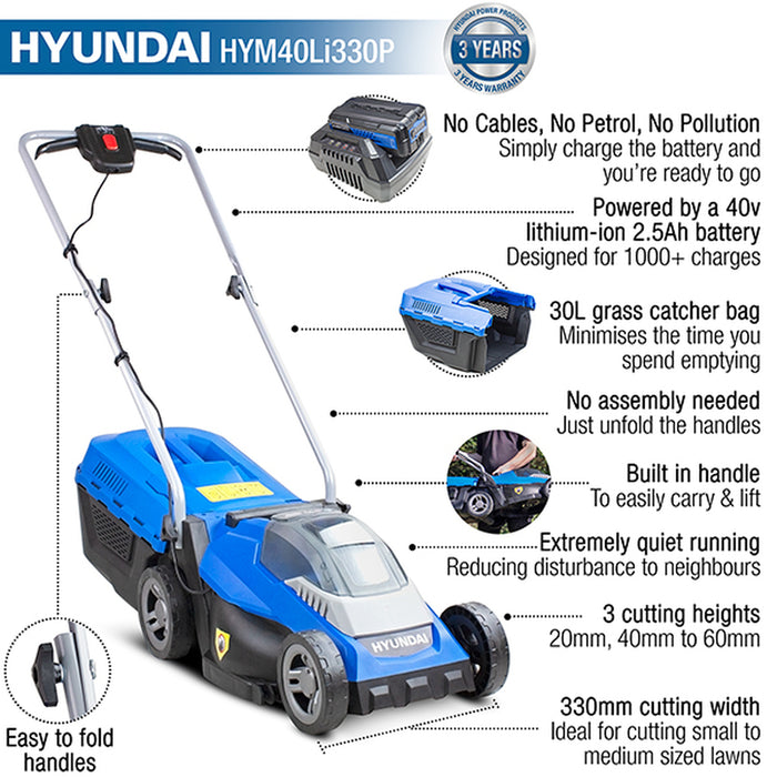 Hyundai 40V Lithium-Ion Cordless Battery Powered Roller Lawn Mower 33cm Cutting Width With Battery and Charger | HYM40LI330P | 3 Year Warranty