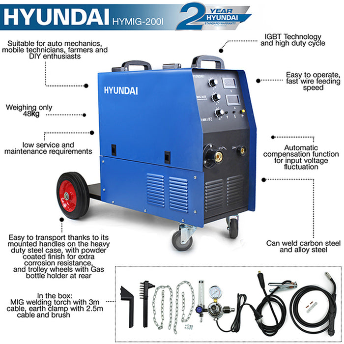 Hyundai 200 Amp MIG Welder, 230V Single Phase, Pro series | HYMIG-200I  | 2 Year Warranty