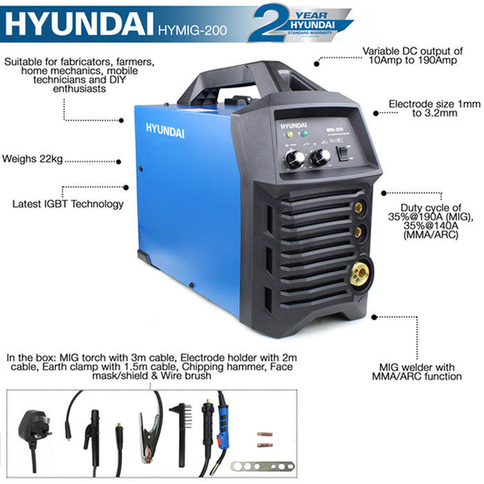 Hyundai 200Amp MIG/MMA(ARC) Inverter Welder, 230V Single Phase | HYMIG200 | 2 Year Warranty