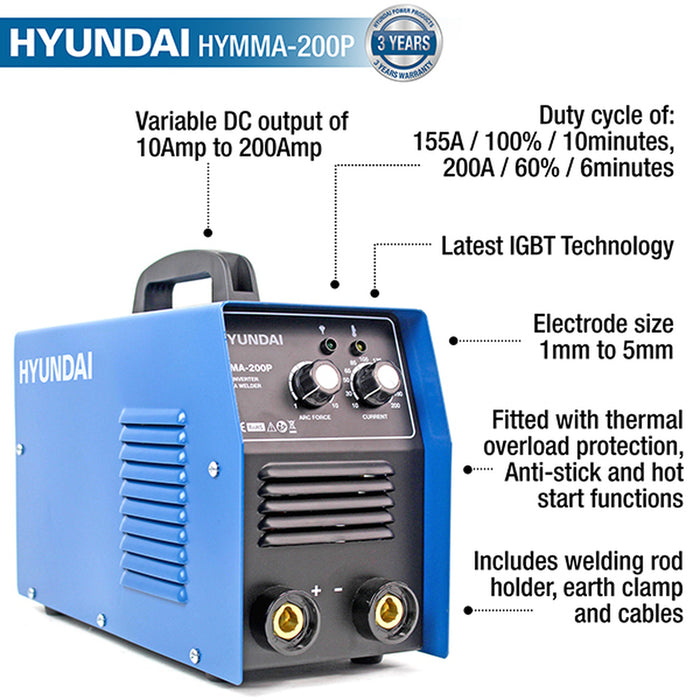 Hyundai 200Amp MMA/ARC Inverter Welder, 230V Single Phase | HYMMA200P | 3 Year Warranty