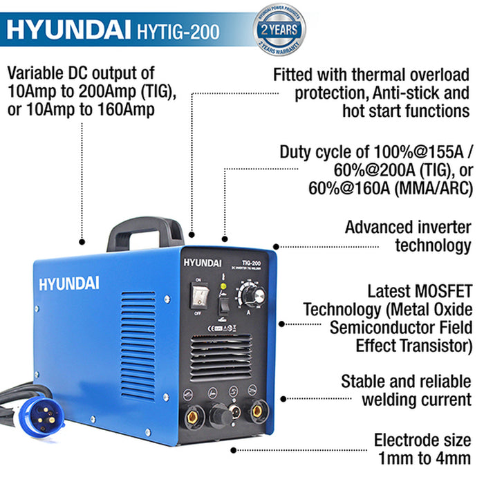 Hyundai 200Amp TIG/MMA/ARC Inverter Welder, 230V Single Phase | HYTIG200 | 2 Year Warranty