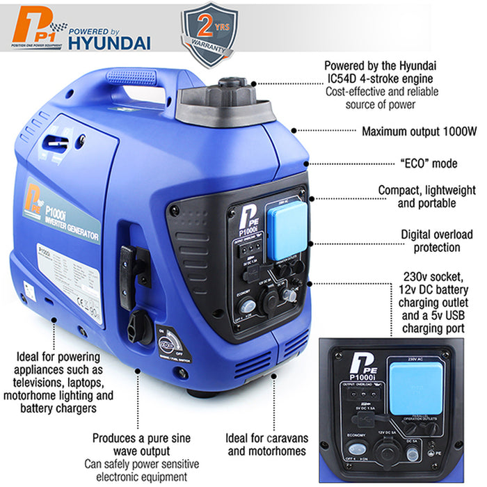 P1 1000W Portable Petrol Inverter Suitcase Generator (Powered by Hyundai) | P1000i | 2 Year Warranty