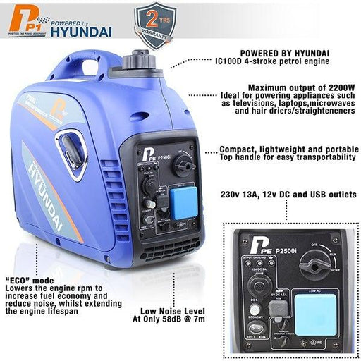 P1PE 2200W Portable Petrol Inverter Generator (Powered by Hyundai) | P2500i | 2 Year Platinum Warranty