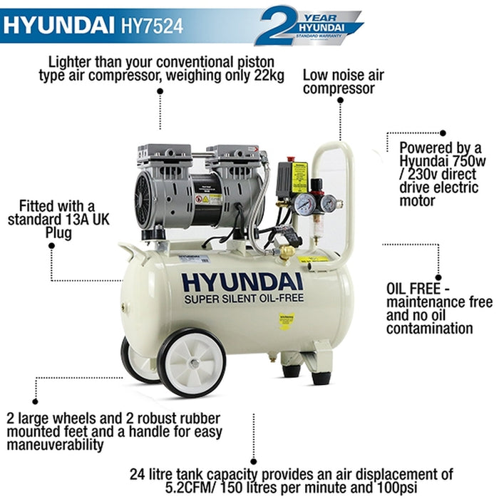 Hyundai 24 Litre Air Compressor, 5.2CFM/100psi, Silenced, Oil Free, Direct Drive 1hp | HY7524 | 2 Year Platinum Warranty