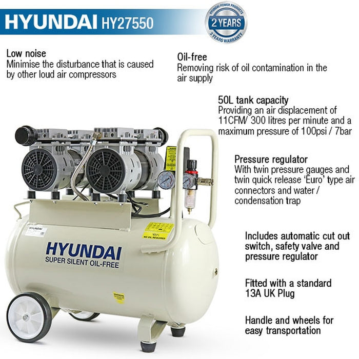 Hyundai 50 Litre Air Compressor, 11CFM/100psi, Oil Free, Low Noise, Electric 2hp | HY27550 | 2 Year Hyundai warranty