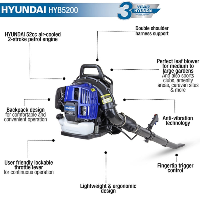 Hyundai 52cc 2-Stroke Backpack Petrol Leaf Blower | HYB5200 | 3 Year Warranty