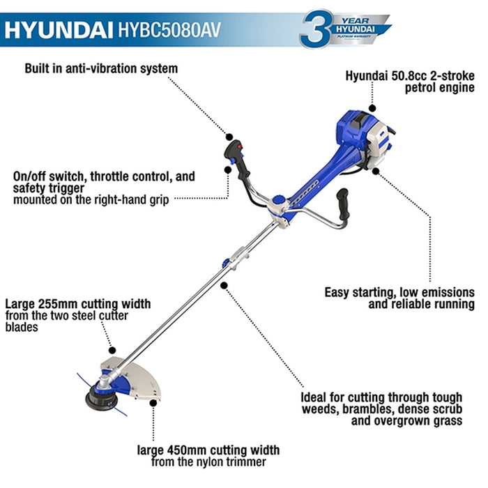 Hyundai 50.8cc Anti-Vibration Grass Trimmer / Brushcutter | HYBC5080AV | 3 Year Warranty