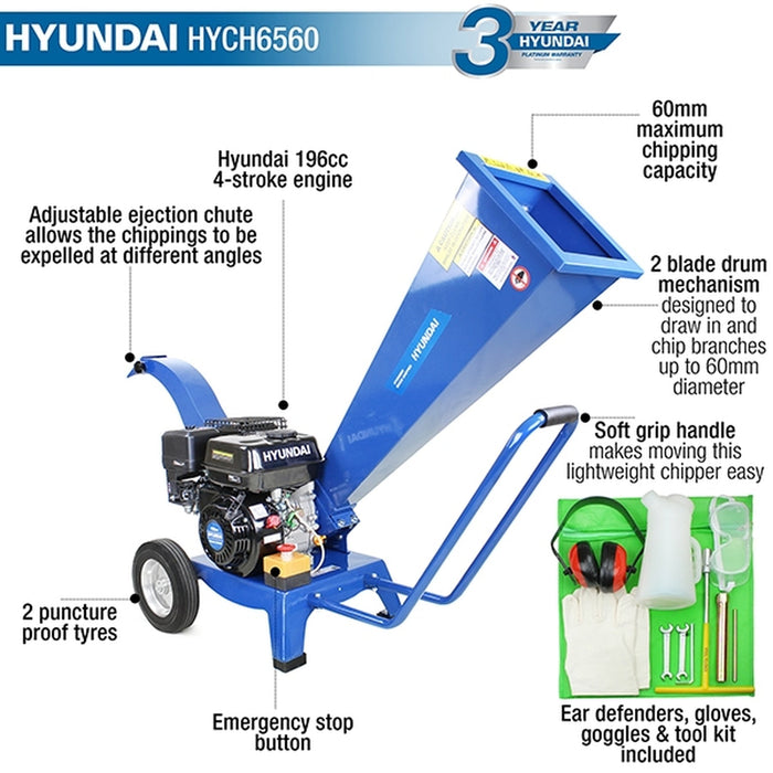 Hyundai 212cc 60mm Petrol 4-Stroke Garden Wood Chipper Shredder | HYCH6560