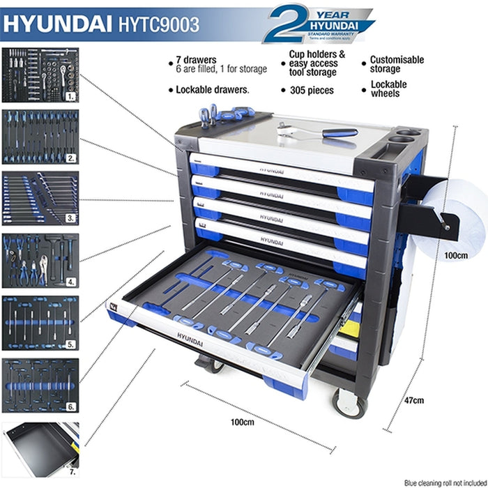 Hyundai HYTC9003 305 Piece 7 Drawer Caster Mounted Roller Tool Chest Cabinet | 2 Year Warranty