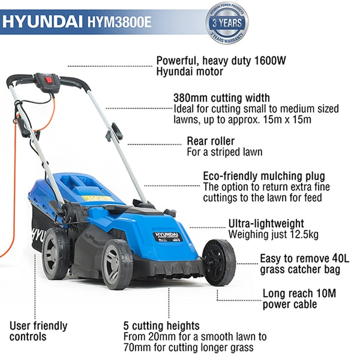 Hyundai 38cm Corded Electric 1600w/230v Roller Mulching Lawnmower | HYM3800E | 3 Year Warranty