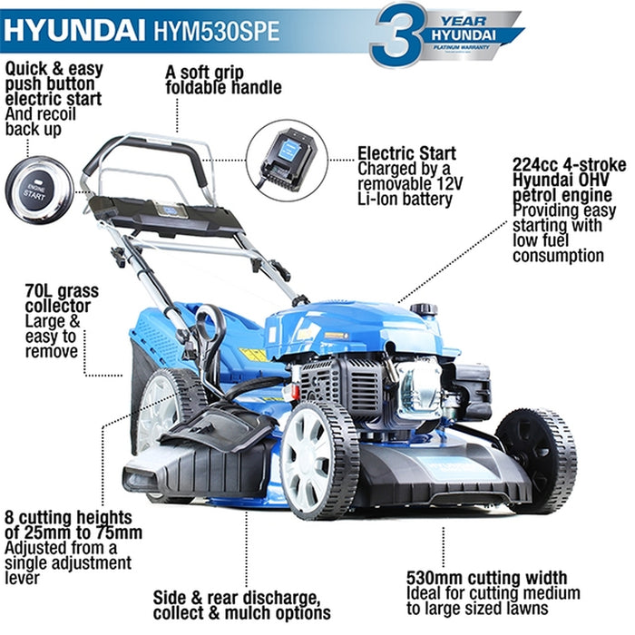 Hyundai 21”/53cm 224cc Electric-Start Self-Propelled Petrol Lawnmower | HYM530SPE | 3 Year Warranty