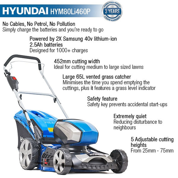 Hyundai 80V Lithium-Ion Cordless Battery Powered Lawn Mower 45cm Cutting Width With Battery and Charger | HYM80LI460P  | 3 Year Warranty