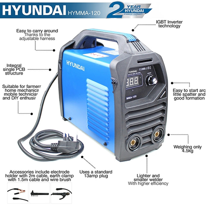 Hyundai 120Amp MMA/ARC Inverter Welder, 230V Single Phase | HYMMA-120 | 2 Year Warranty