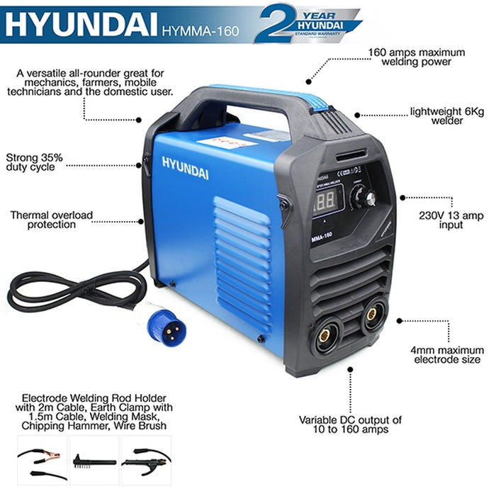 Hyundai 160Amp MMA/ARC Inverter Welder, 230V Single Phase | HYMMA160 | 2 Year Warranty