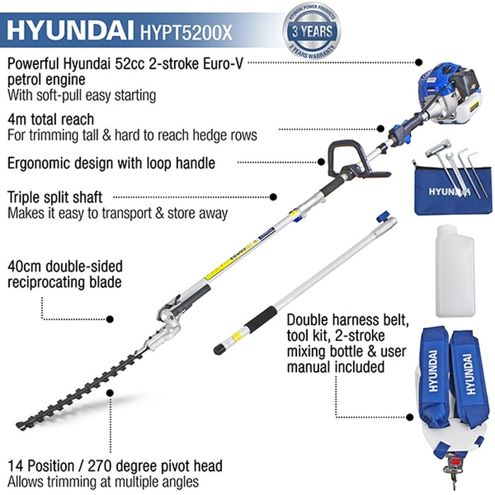 Hyundai 52cc Long Reach Petrol Pole Hedge Trimmer/Pruner | HYPT5200X | 3 Year Warranty