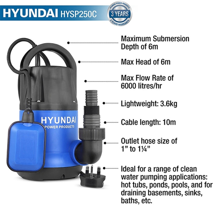 250w Electric Clean Water Submersible Pump by Hyundai | HYSP250C | 3-Year Hyundai Warranty