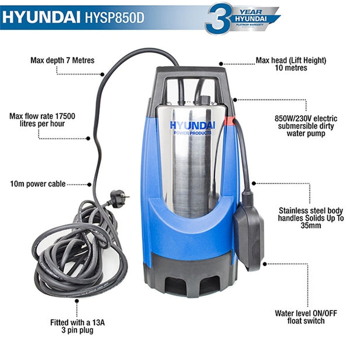 HYUNDAI 850W Stainless Steel Electric Submersible Dirty Water Pump | HYSP850D | Hyundai 3 year UK Platinum Warranty