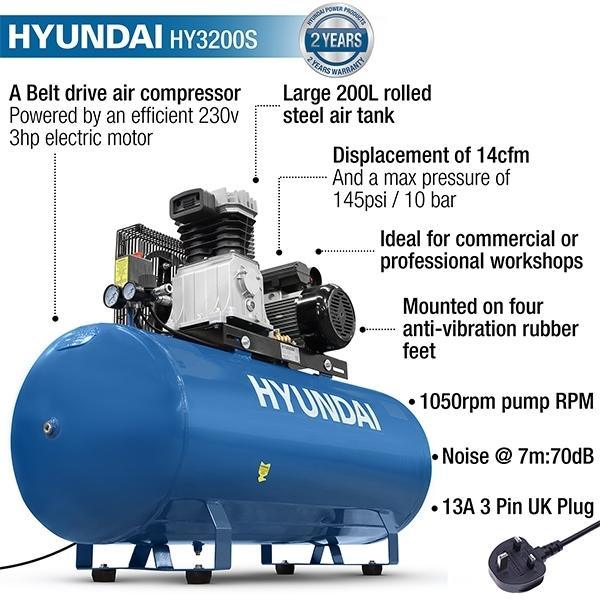 Hyundai Air Compressor Electric 3hp | Hyundai 200 Litre 14CFM/145psi | 2 Year Platinum Warranty