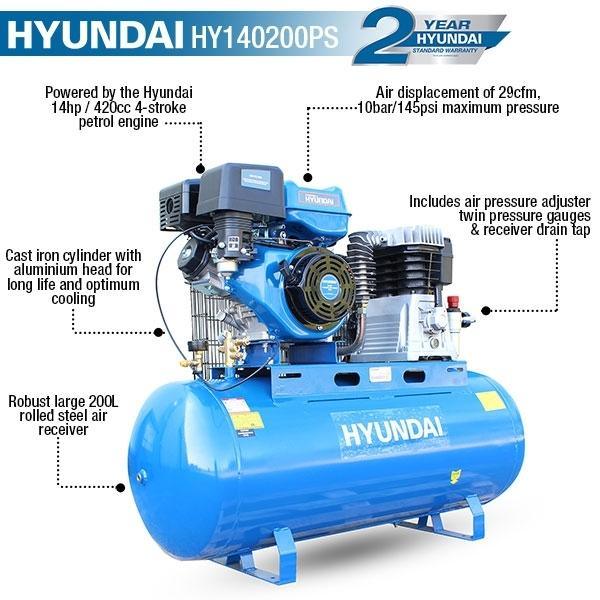 Hyundai Air Compressor Twin Cylinder Belt Drive 14hp | Hyundai 200L 29CFM/145psi | 2 Year Platinum Warranty