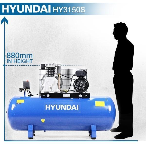 Hyundai Air Compressor Twin Cylinder, Belt Drive 3hp | Hyundai 150 Litre 14CFM/145psi | 2 Year Platinum Warranty