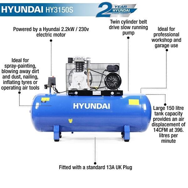Hyundai Air Compressor Twin Cylinder, Belt Drive 3hp | Hyundai 150 Litre 14CFM/145psi | 2 Year Platinum Warranty