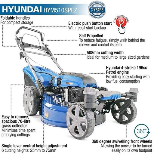 Hyundai Electric-Start Self-Propelled Petrol Lawnmower | Hyundai 20"/51cm 196cc | 3 Year Platinum Warranty
