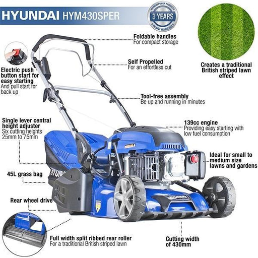 Hyundai Electric-Start Self-Propelled Petrol Roller Lawnmower | Hyundai 17"/43cm 139cc | 3 Year Platinum Warranty