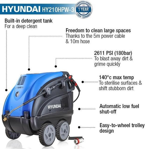 Hyundai Hot Pressure Washer, 140 °C, 6.3kW | Hyundai 2600psi | 1 Year Platinum Warranty