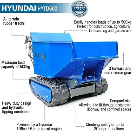 Hyundai Payload Tracked Mini Dumper / Power Barrow / Transporter | Hyundai 196cc Petrol 500kg | 3 Year Platinum Warranty