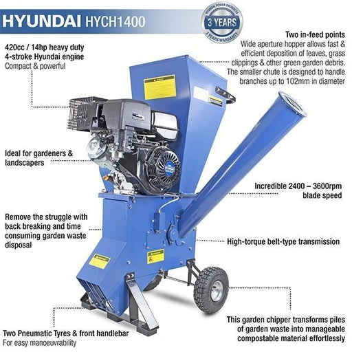 Hyundai Petrol 4-Stroke Garden Wood Chipper Shredder Mulcher | Hyundai 420cc 102mm | 3 Year Platinum Warranty