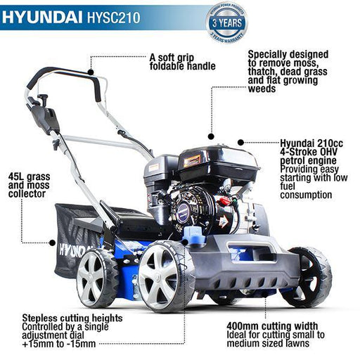 Hyundai Petrol Lawn Scarifier and Aerator | Hyundai 212cc | 3 Year Platinum Warranty