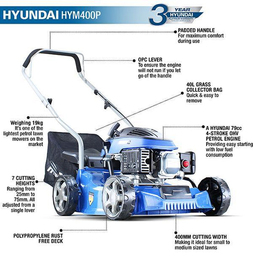 Hyundai Petrol Lawnmower | Hyundai 16"/40cm 79cc | 3 Year Platinum Warranty