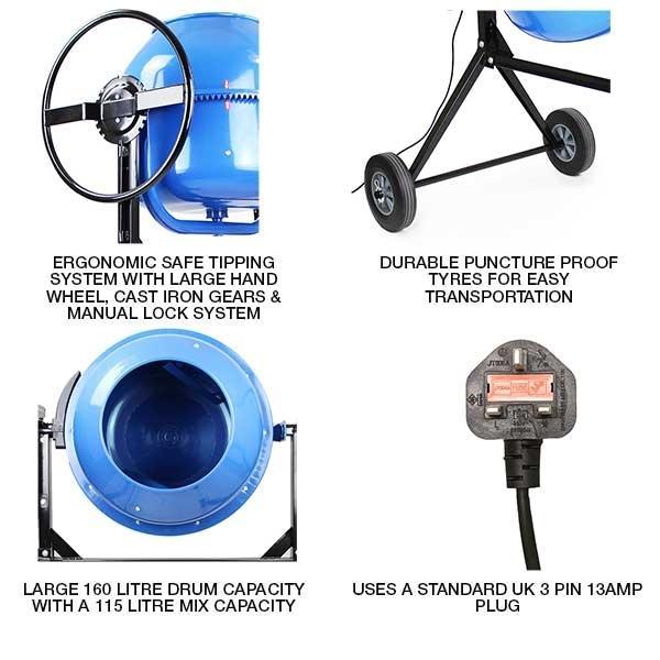 Hyundai Portable Electric Cement Mixer | Hyundai 160 litre 240v 650w Concrete Mixer | 3 Year Platinum Warranty