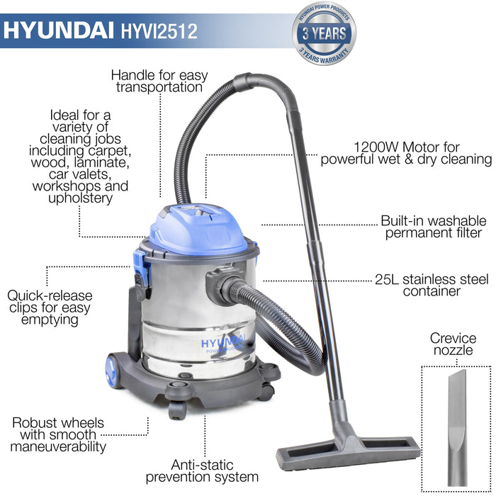 Hyundai 1200W 3-In-1 Wet and Dry Vacuum Cleaner | HYVI2512 | 3 Year Warranty