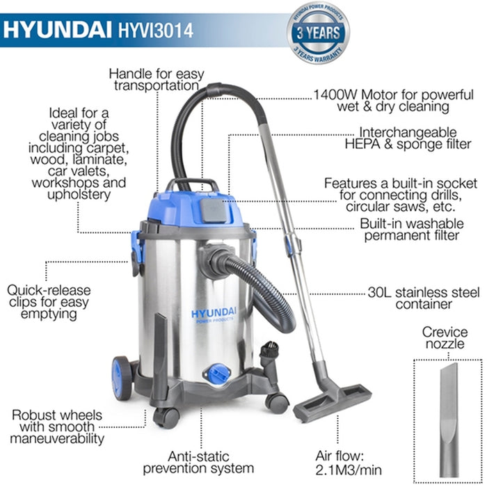 Hyundai 1400W 3-In-1 Wet and Dry HEPA Filtration Electric Vacuum Cleaner | HYVI3014 | 3 Year Warranty