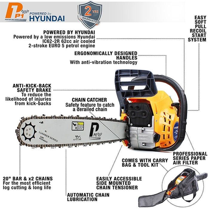 P1 Petrol Chainsaw with 62cc Hyundai Engine, 20" Bar, Easy-Start - Includes 2 Chains and Bag | P6220C | 2 Year Warranty