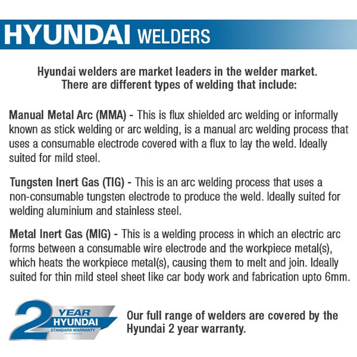 Hyundai 200 Amp MIG Welder, 230V Single Phase, Pro series | HYMIG-200I | 2 Year Warranty